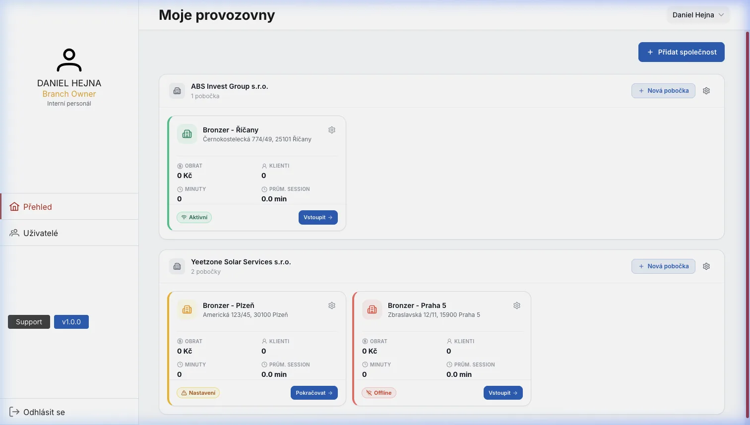Studio Control: přehledový dashboard s tržbami a stavem strojů